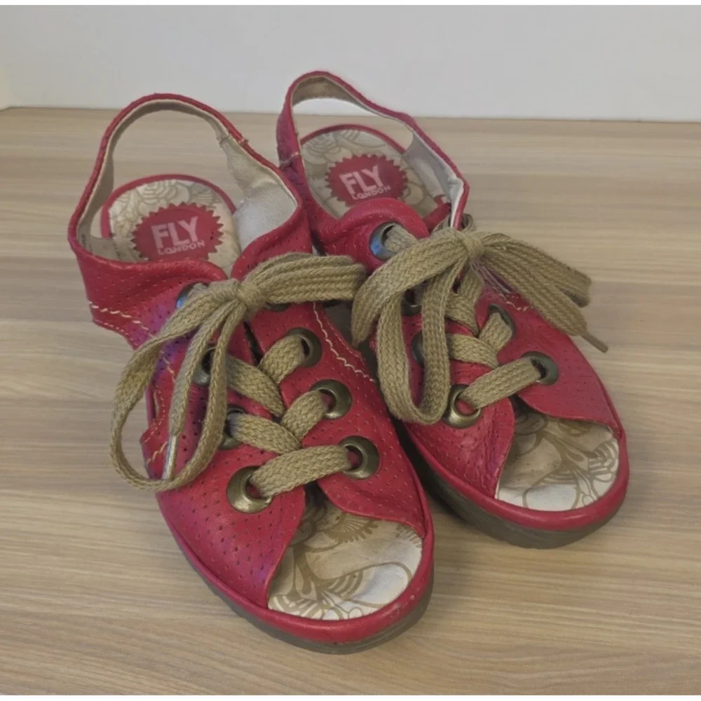 Fly London Yito Women Sz‎ 37 Red Patent Leather Wedge Open Toe Sandals US Sz 6.5